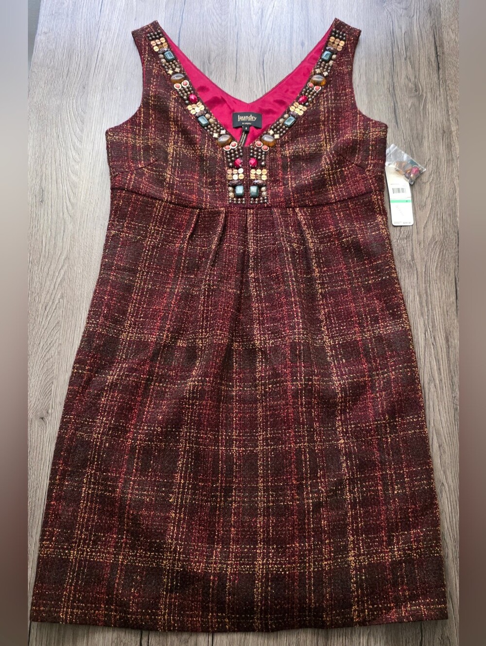 Laundry By Shelli Segal Burgundy Plaid Wool Tweed Dress Size 8